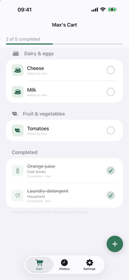 OneCart Family shared cart grouped by category with completed items