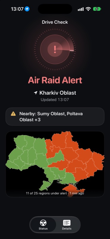 DriveCheckUA - Air Raid Alert status for Kharkiv Oblast with nearby regions and the alert map