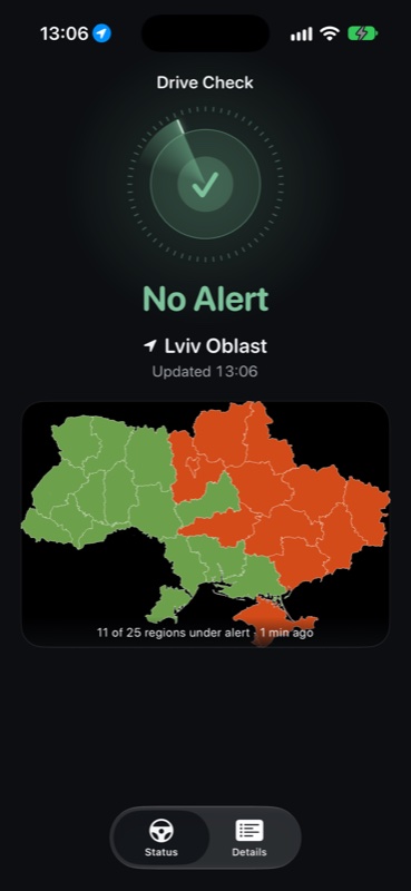 DriveCheckUA - No Alert status for Lviv Oblast with the alert map of Ukraine