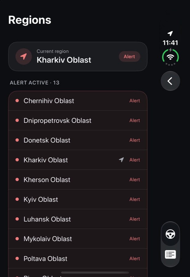 DriveCheckUA list of regions with their alert status